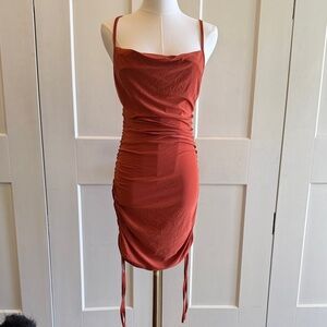 Burnt orange bodycon rouched mini dress